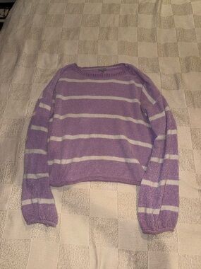 Charlotte Russe Lavender and White Striped Crewneck Sweater